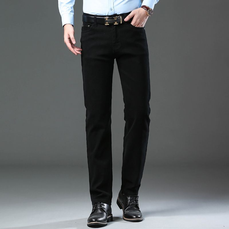 Conservative comfortable stretch office trousers in green, black, and brown with mid-rise waist and straight-leg cut