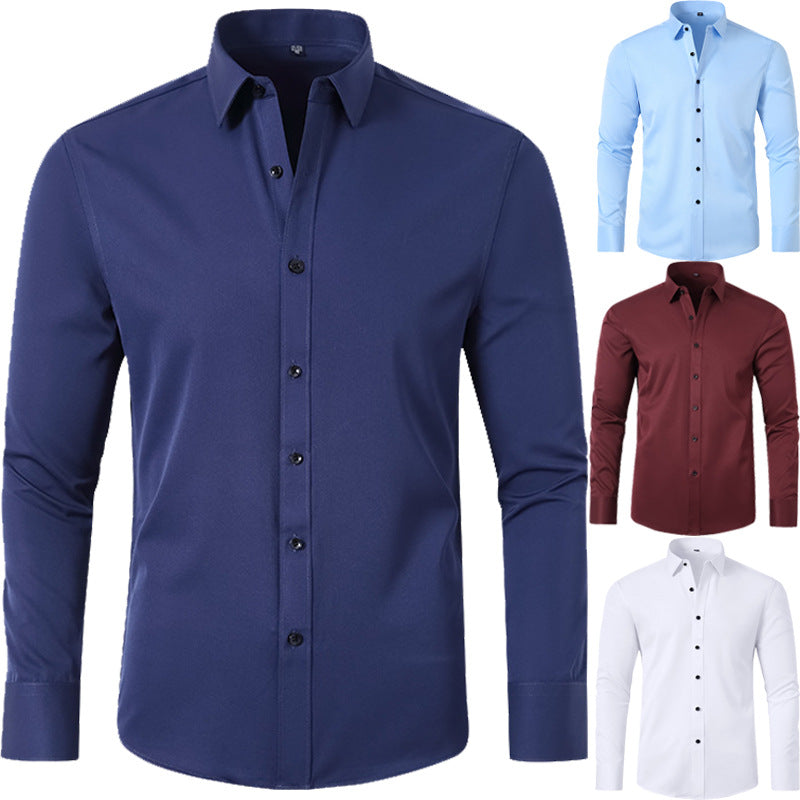 Man wearing a four-way stretch wrinkle-resistant lightweight men's non-iron office shirt
