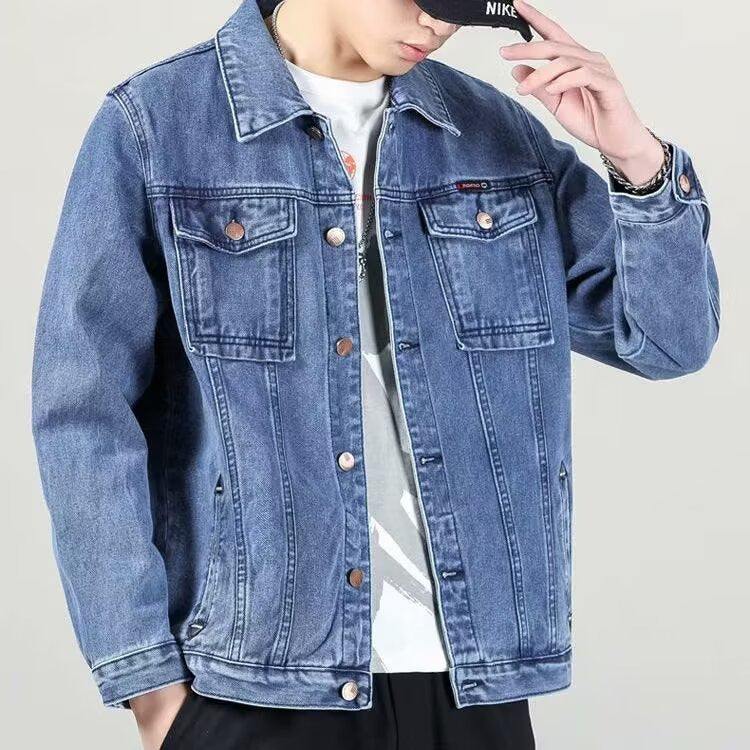 Mens stylish vintage distressed denim jacket in charcoal gray cotton with long sleeves and classic fit