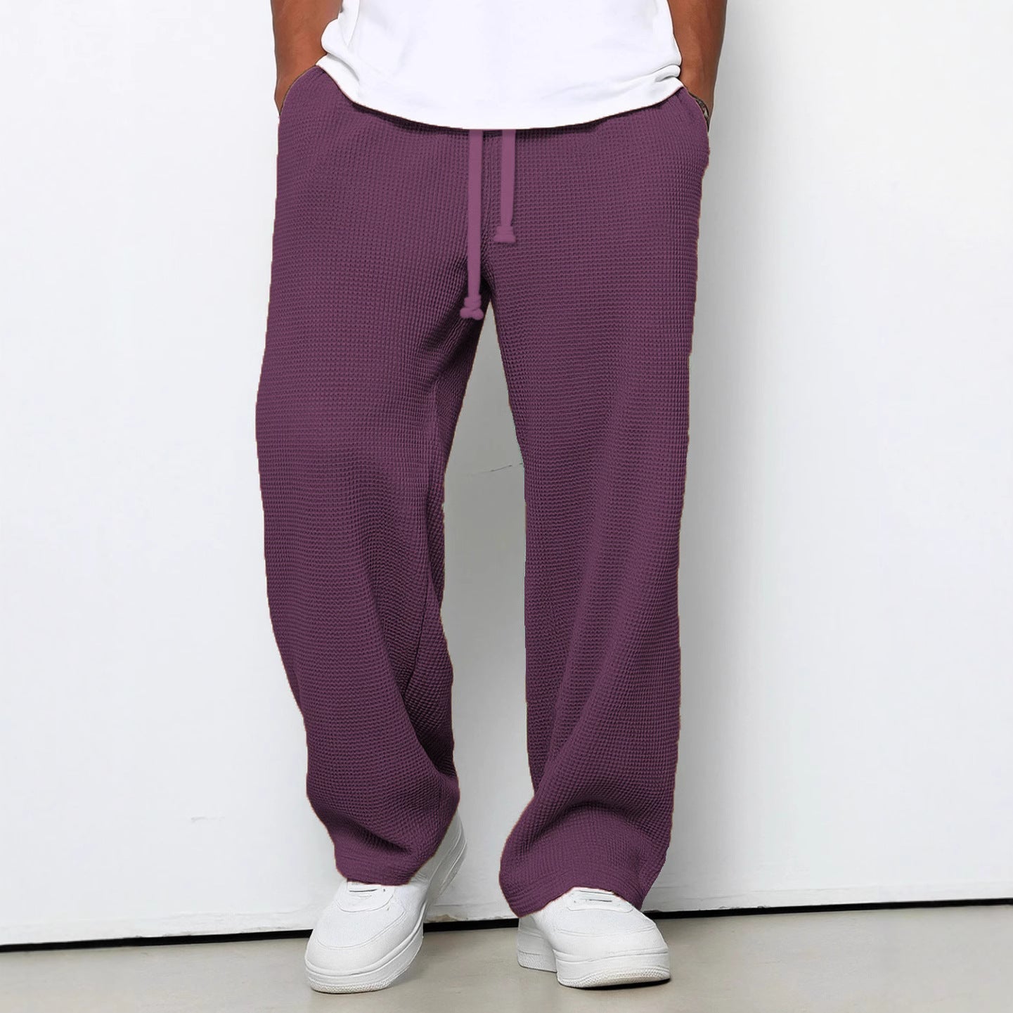 Men's waffle knit sweatpants with breathable texture and "I Missed The Summer So Crazy, Sorry People" graphic, relaxed fit and drawstring waist