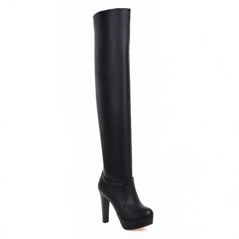 Slim women's vegan leather sexual boots with block heels and over-the-knee design