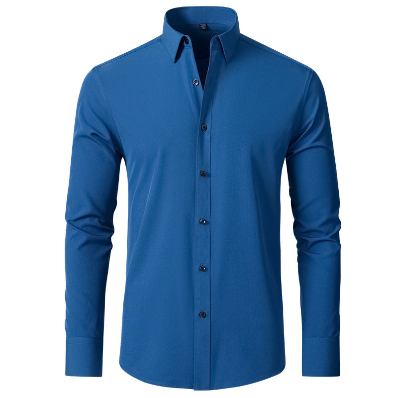 Man wearing a four-way stretch wrinkle-resistant lightweight men's non-iron office shirt