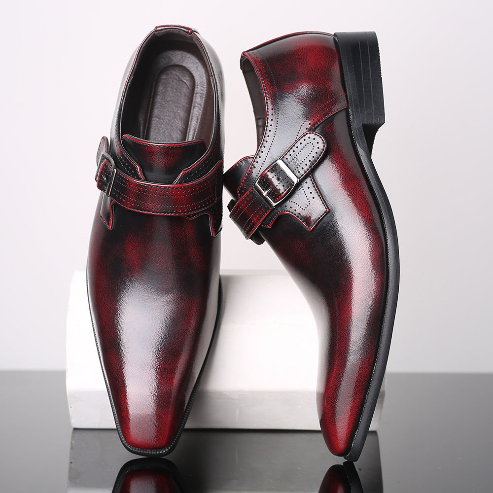 Black business casual vegan leather shoes with horsebit buckle and textured sole