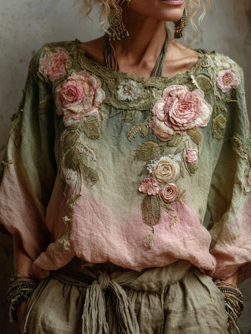 Vintage Roses Gradient linen blouse with seamless floral design and relaxed fit