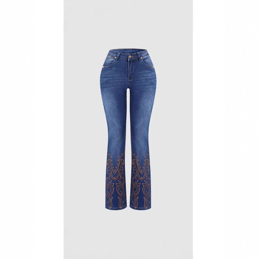 Womens blue retro beaded embroidered stretch denim jeans with mid-rise waist and flare legs