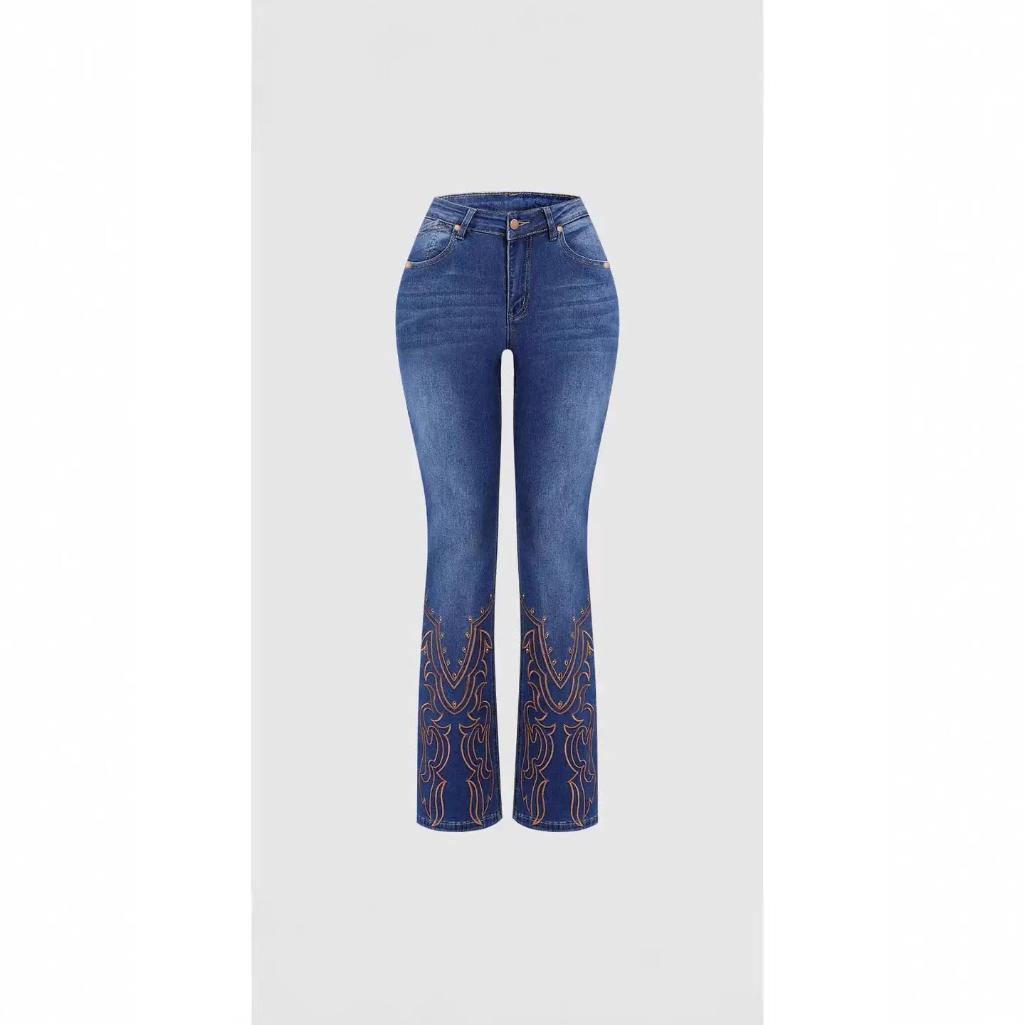 Womens blue retro beaded embroidered stretch denim jeans with mid-rise waist and flare legs