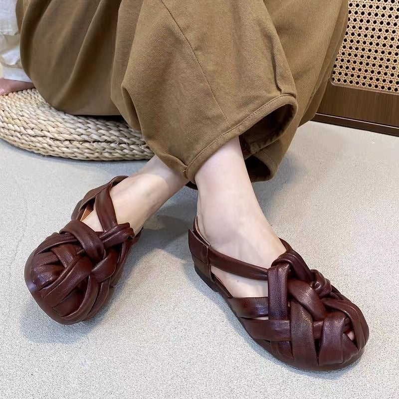 Close-up of satin feel unique woven sandals in multiple colors with PVC weave and elastic TPU outsole