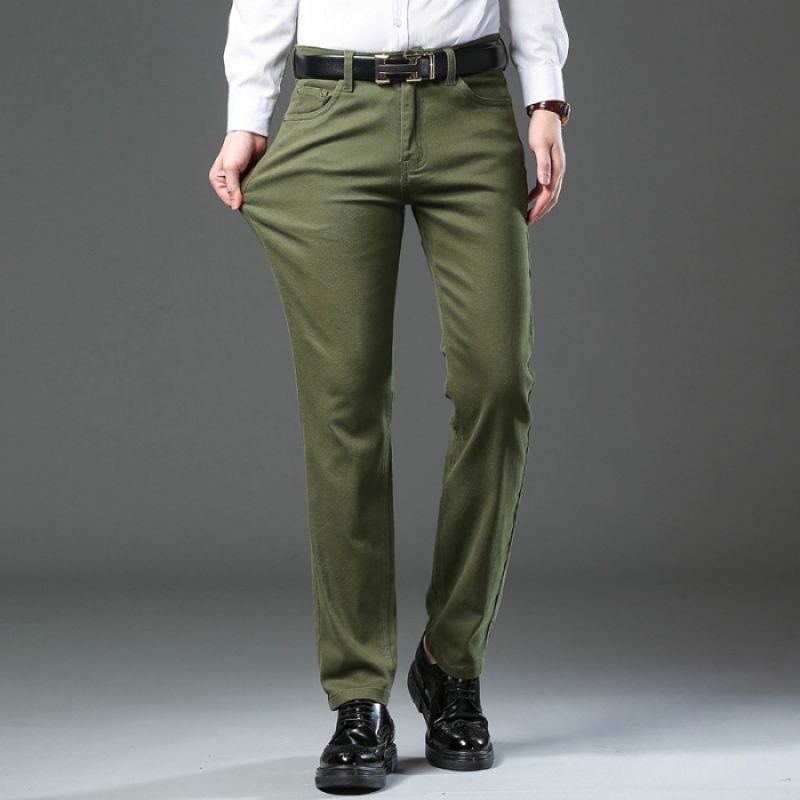 Conservative comfortable stretch office trousers in green with straight-leg design for active professionals
