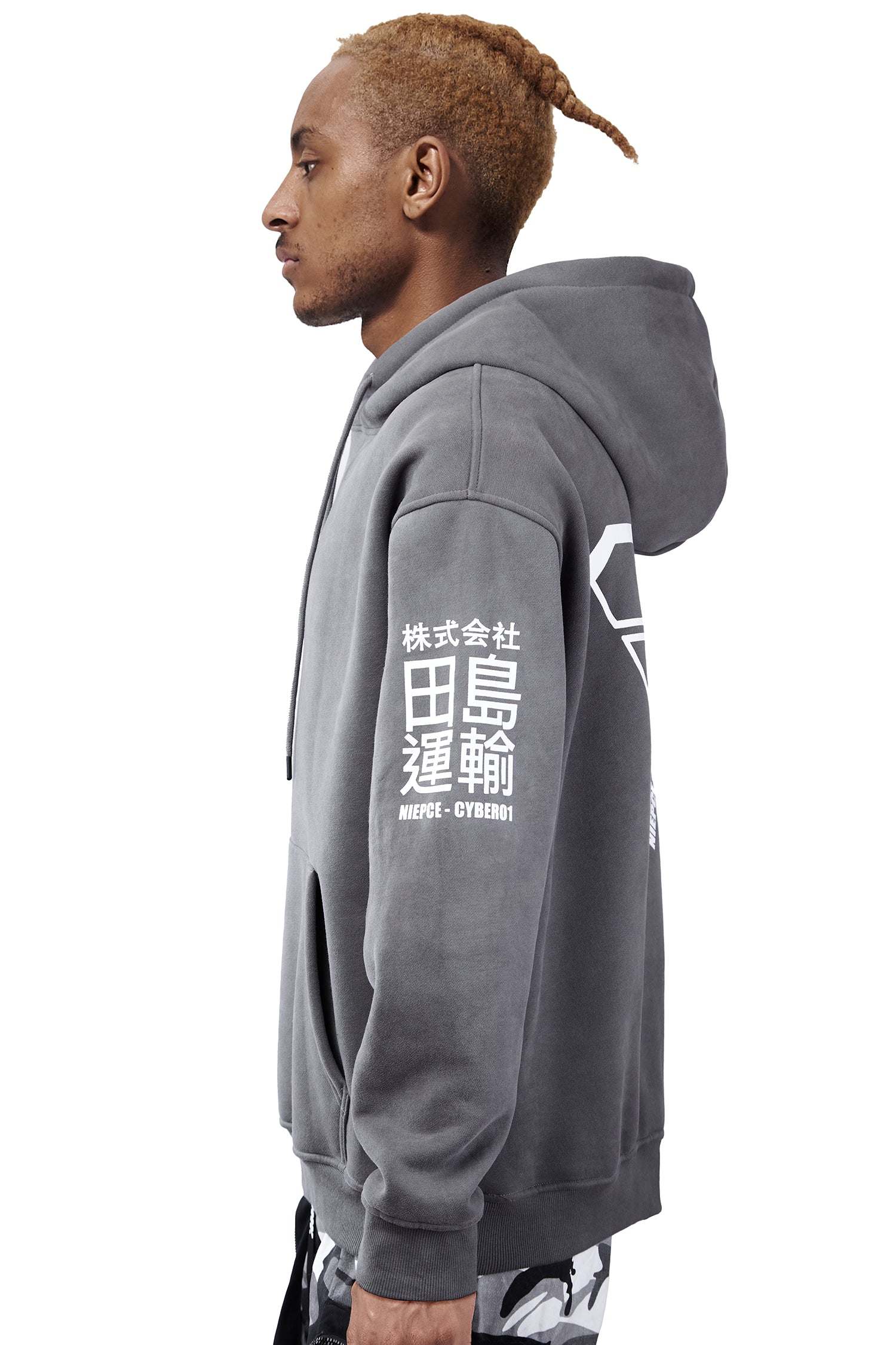 Niepce Cyber01 Hoodie with embroidered i-tech logo and Japanese kanji, gray fleece lined, wind-resistant and moisture-wicking design