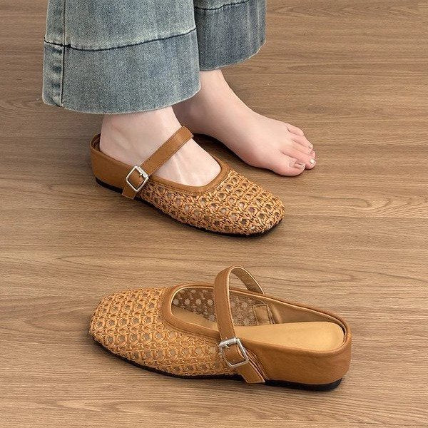 Lightweight square-toe PU slip-on shoes with breathable cutaway sides for eccentric women
