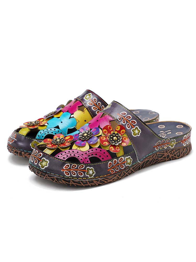 Handmade Colorful Leather Slippers With Flower Ethnic Design