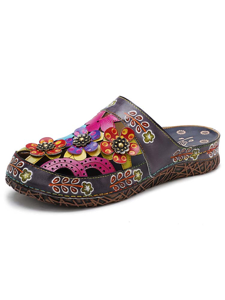 Handmade Colorful Leather Slippers With Flower Ethnic Design