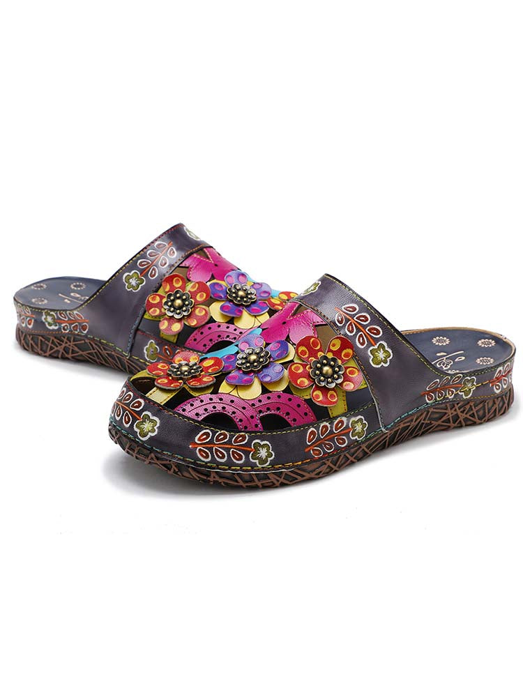 Handmade Colorful Leather Slippers With Flower Ethnic Design