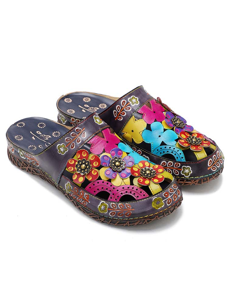 Handmade Colorful Leather Slippers With Flower Ethnic Design