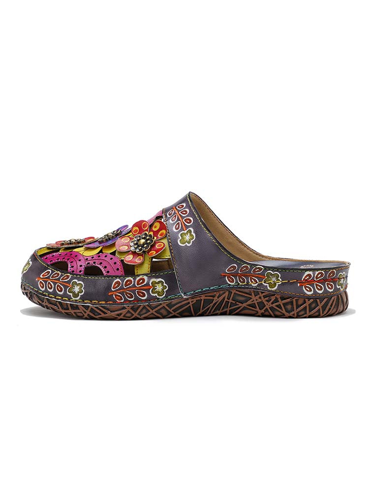 Handmade Colorful Leather Slippers With Flower Ethnic Design