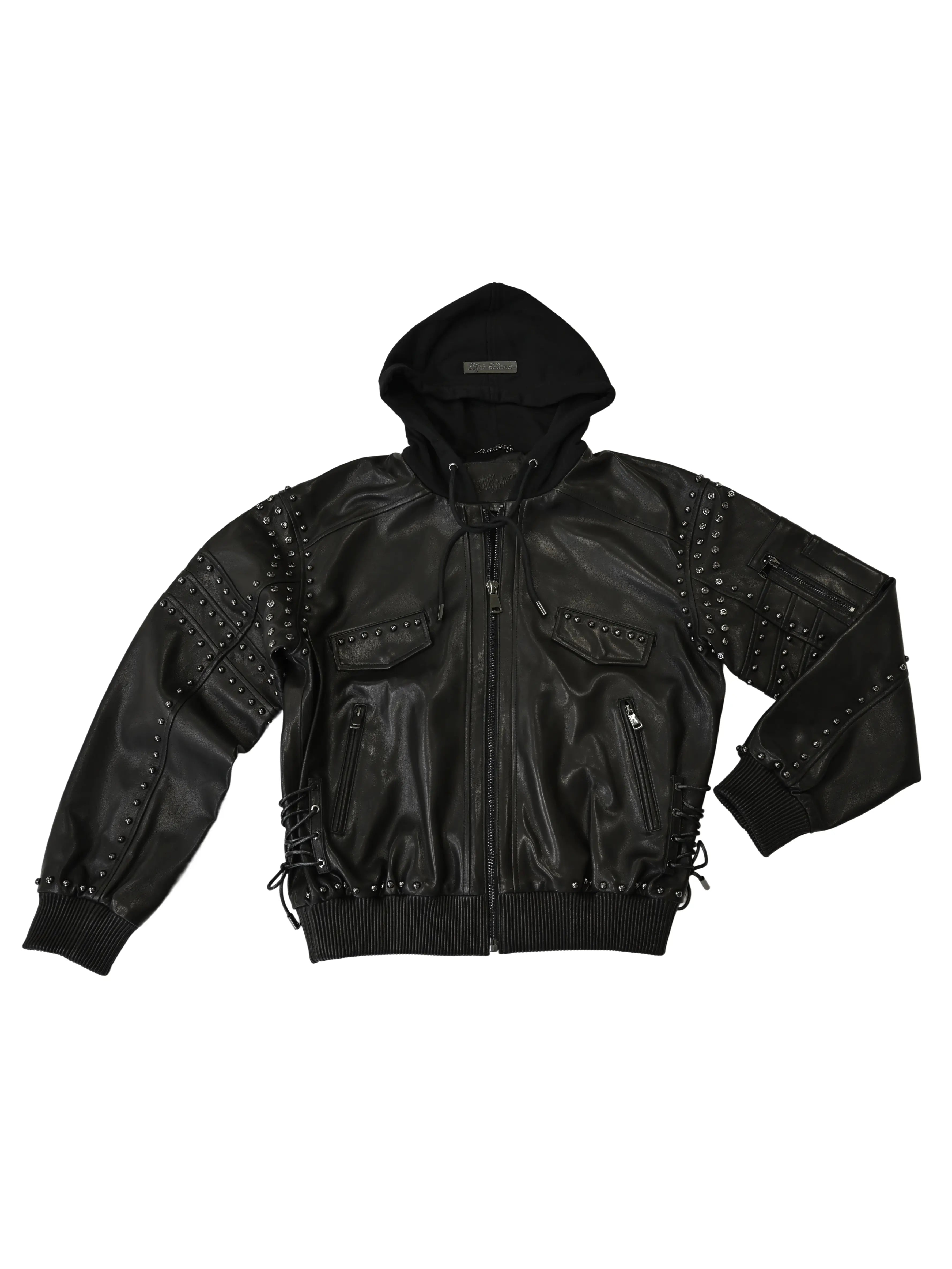 Apple Bottoms brand genuine soft leather bomber jacket with corset lacing and detachable fleece hood