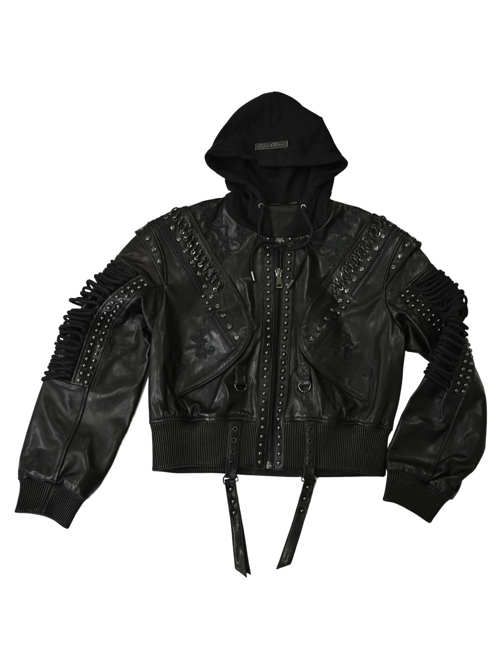 Apple Bottoms lace-up genuine soft leather bomber jacket with detachable fleece hood and corset sleeve lacing