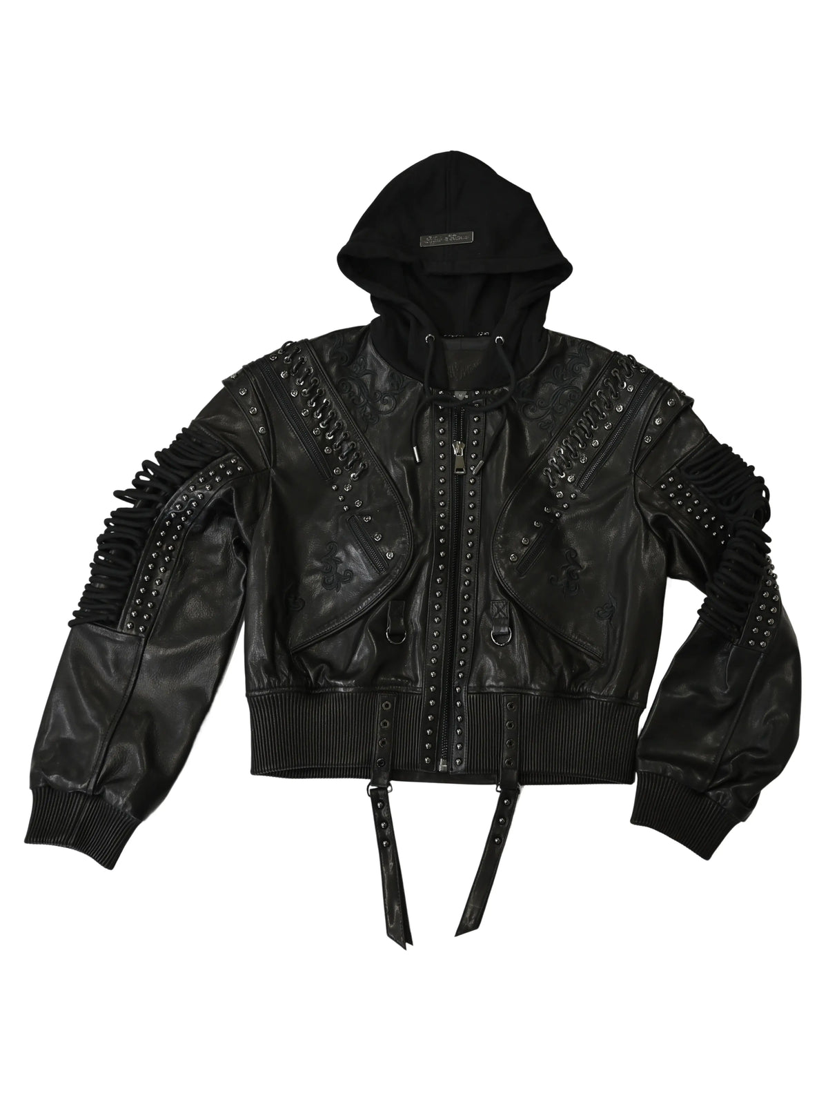 Apple Bottoms lace-up genuine soft leather bomber jacket with detachable fleece hood and corset sleeve lacing