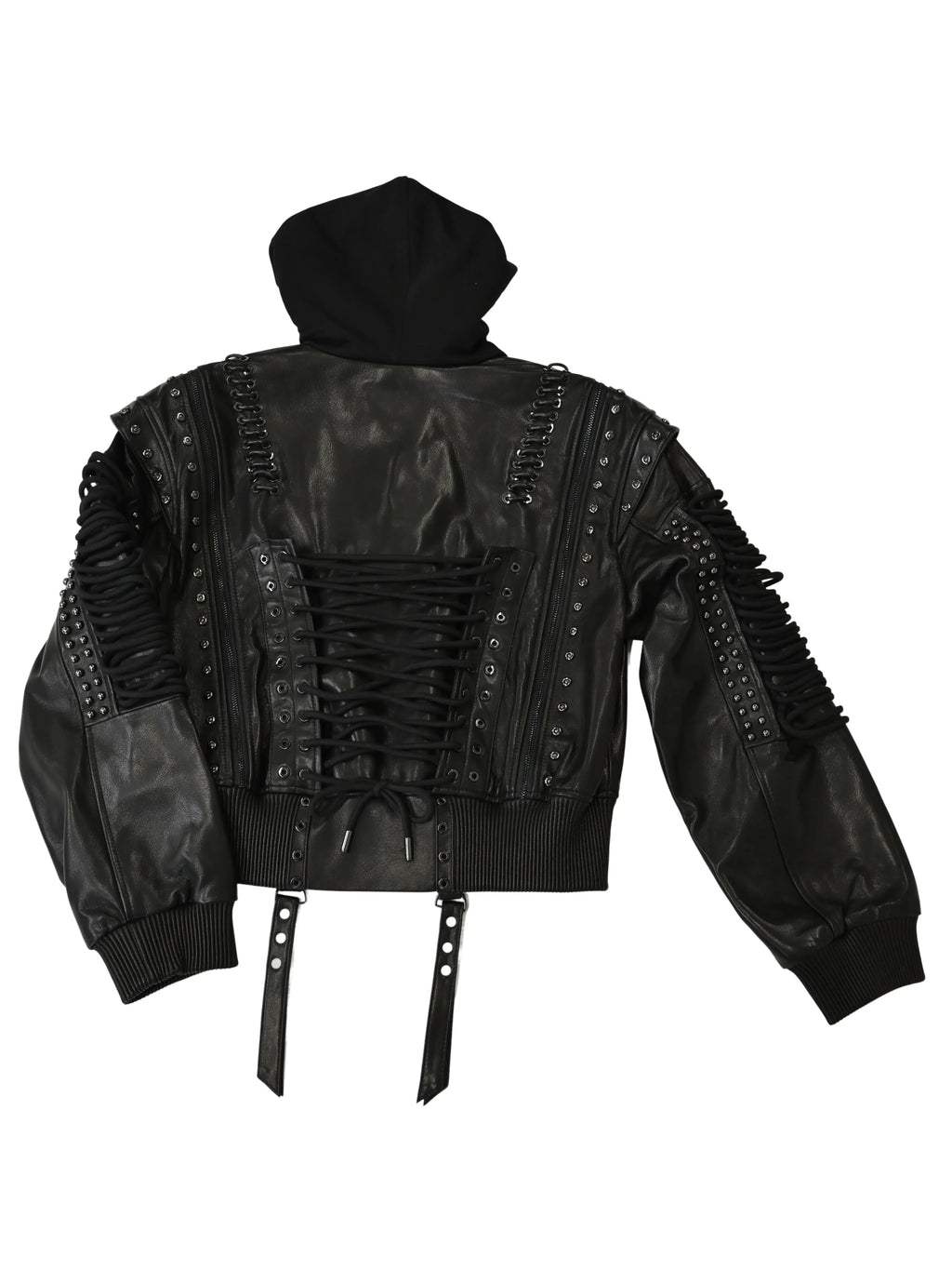 Apple Bottoms lace-up Italian lambskin leather bomber jacket with detachable fleece hood and corset lacing sleeves