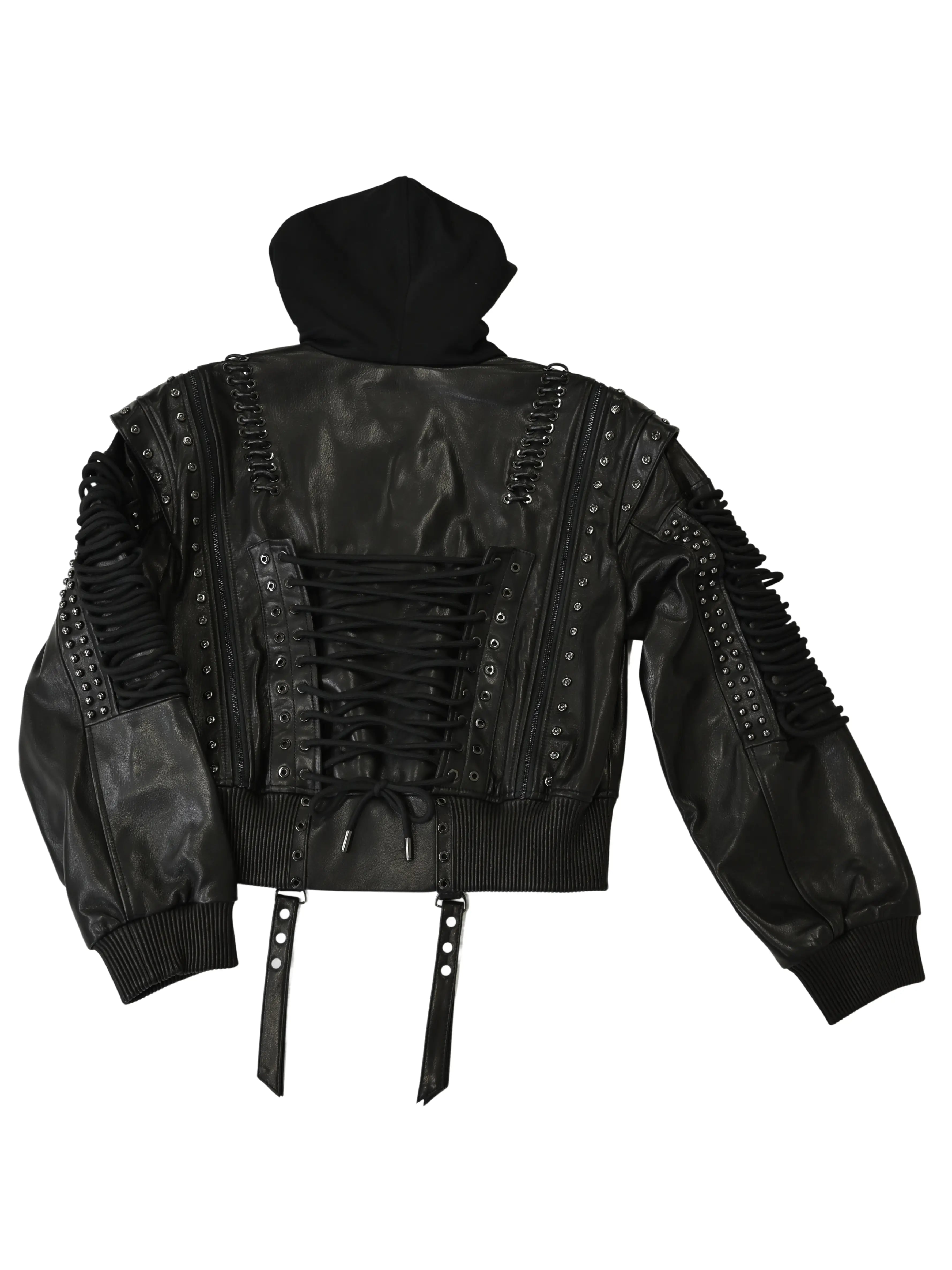 Apple Bottoms lace-up Italian lambskin leather bomber jacket with detachable fleece hood and corset lacing sleeves