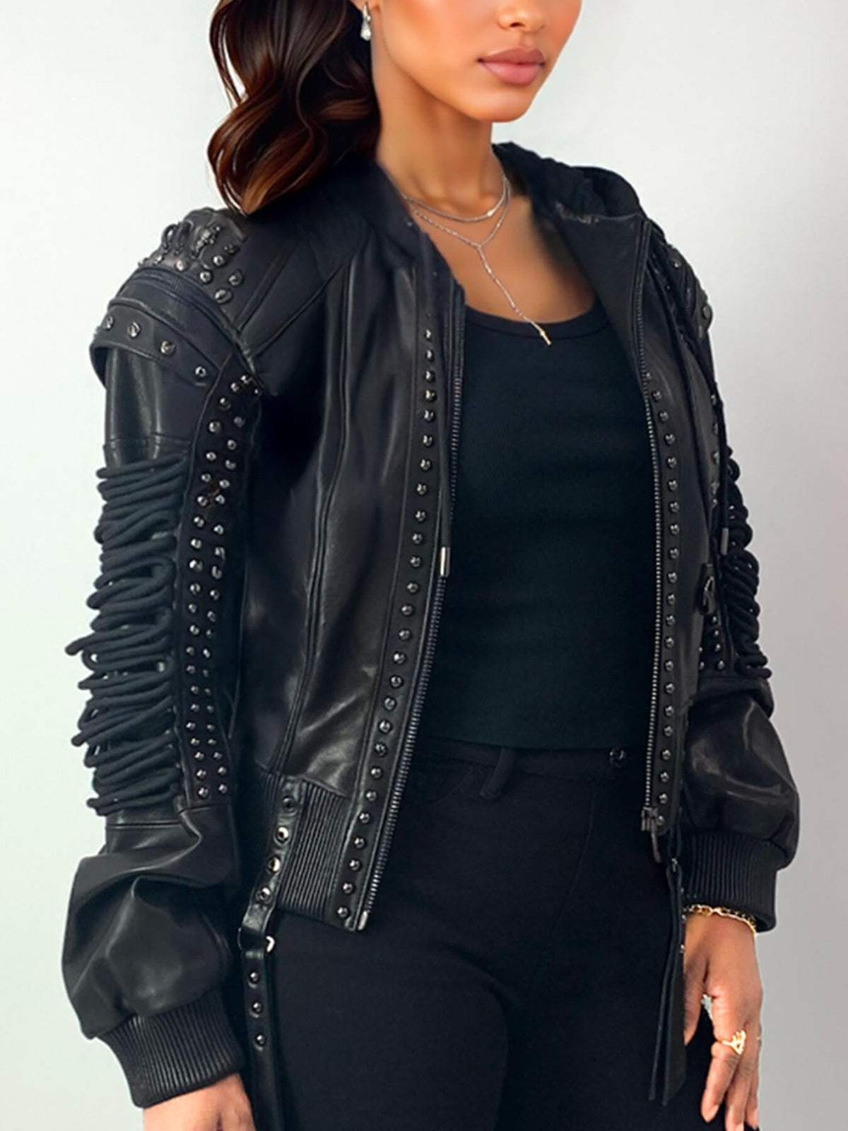Apple Bottoms Italian lambskin lace-up leather bomber jacket with detachable fleece hood and corset lacing sleeves