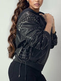 Apple Bottoms Brand soft Italian lambskin leather bomber jacket with corset lacing and detachable fleece hood