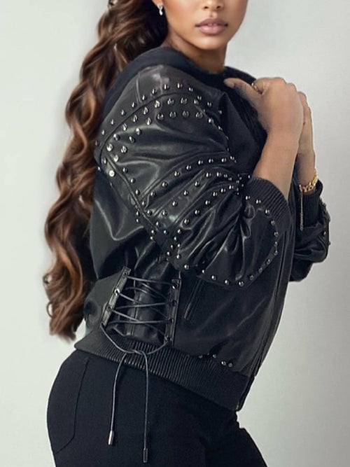 Apple Bottoms Brand soft Italian lambskin leather bomber jacket with corset lacing and detachable fleece hood