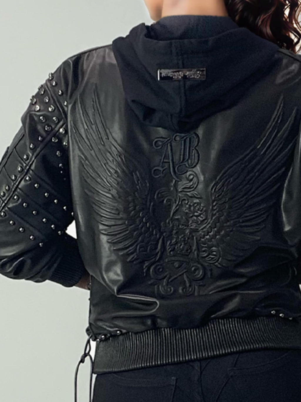 Apple Bottoms brand genuine soft leather bomber jacket with detachable fleece hood and corset lacing
