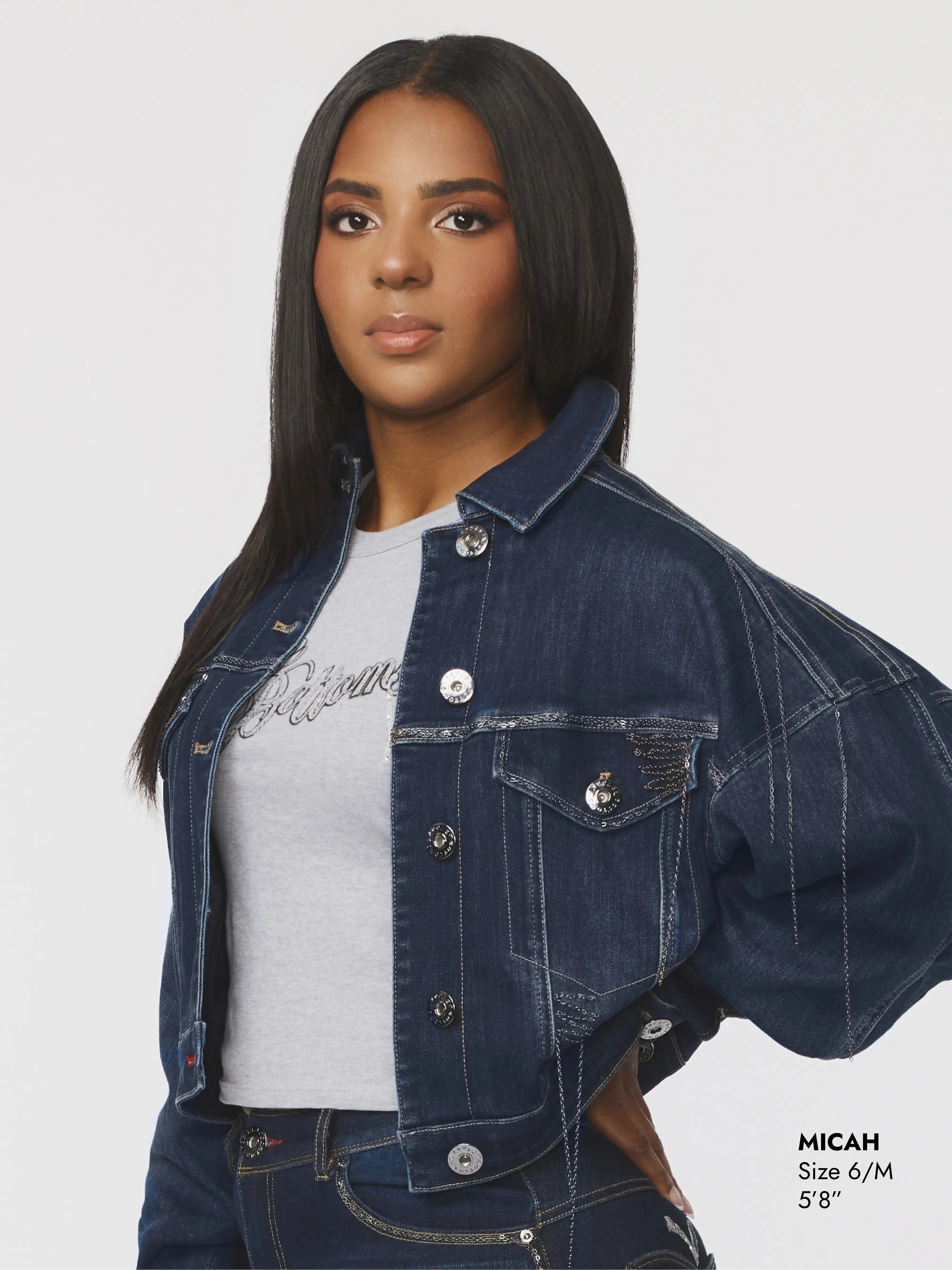 Apple Bottoms By Nelly cropped denim chain link jacket with balloon sleeves and tailored fit