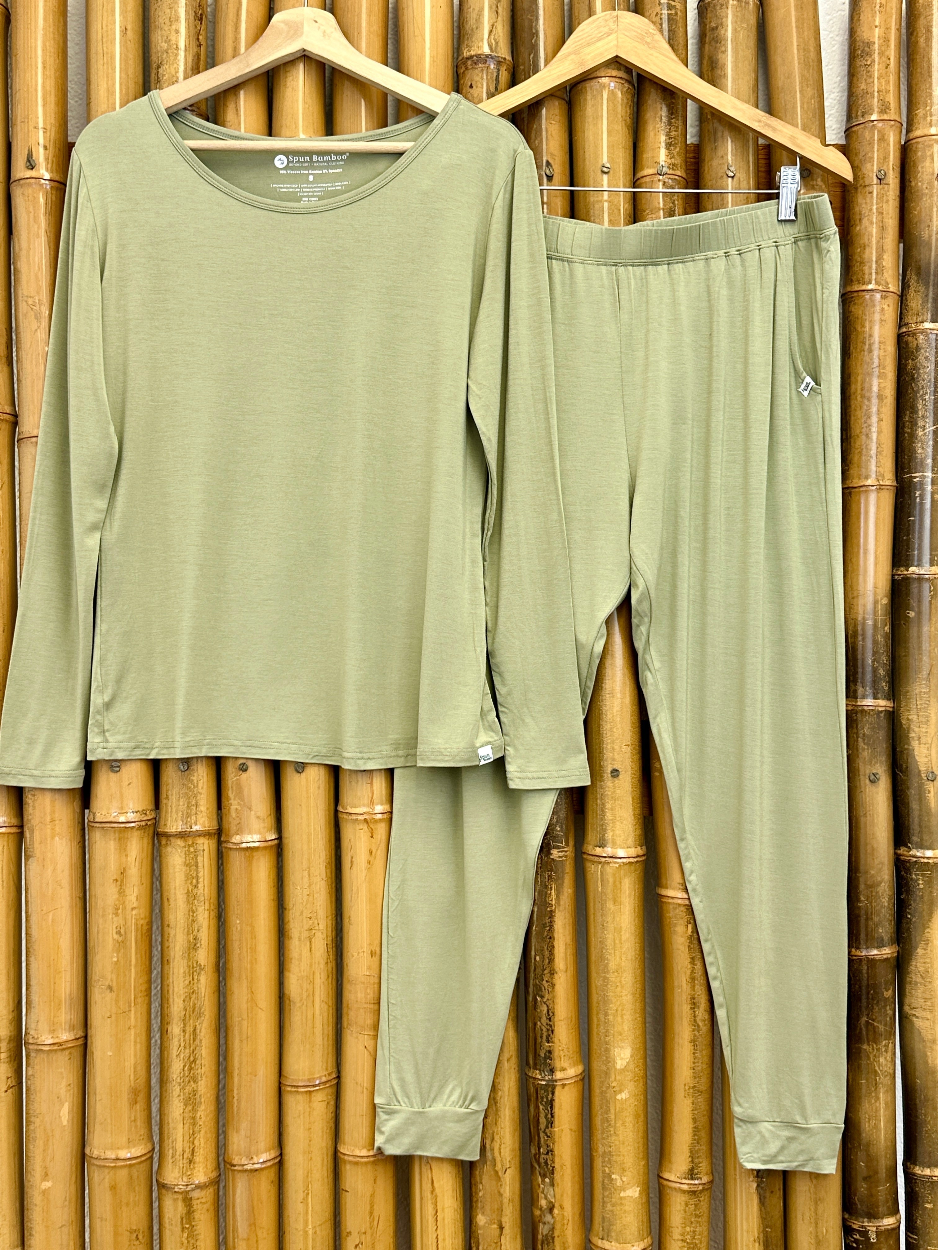 Women's bamboo lounge set with long sleeve t-shirt and jogger pants, lightweight moisture-wicking fabric for comfort and movement