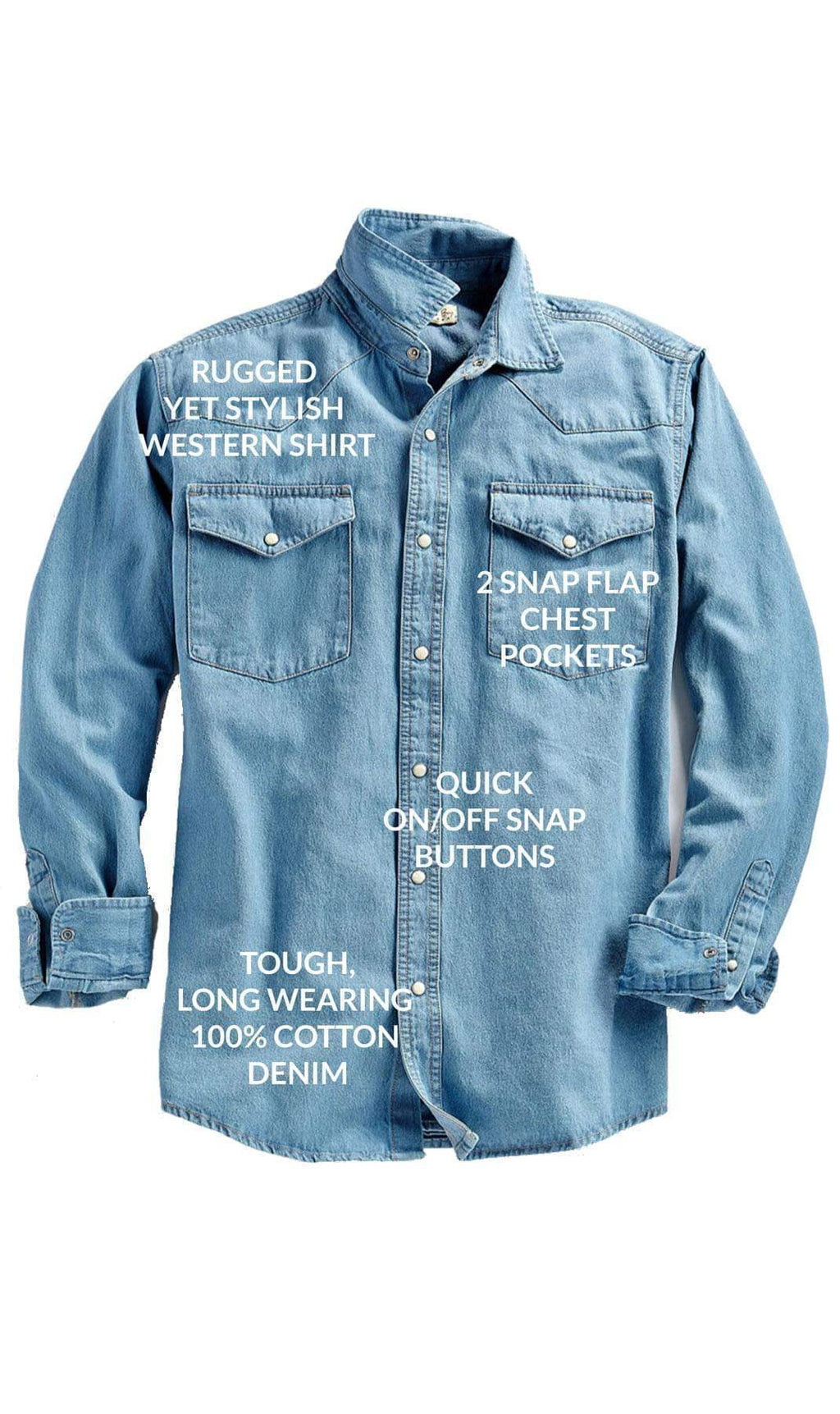Men's western snap button shirt in denim and twill with stitched yoke and dual chest pockets