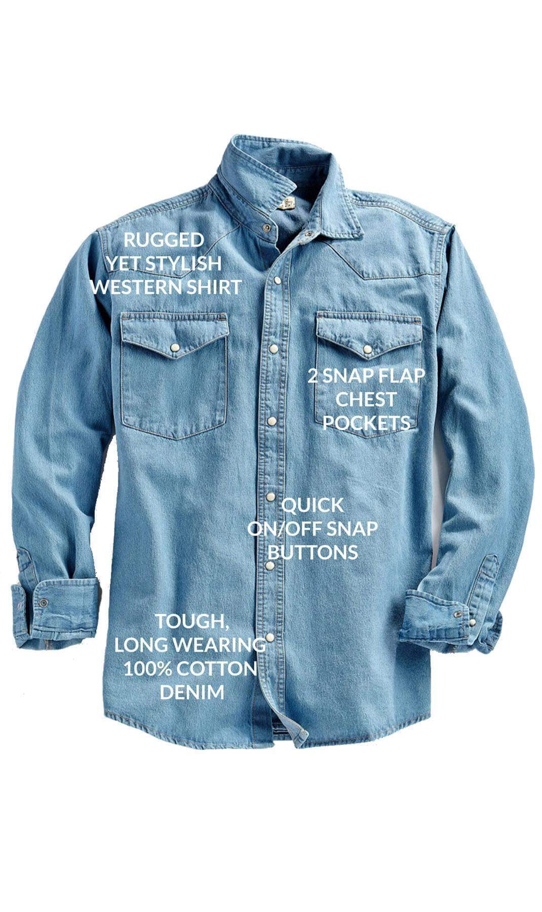 Men's western snap button shirt in denim and twill with stitched yoke and dual chest pockets