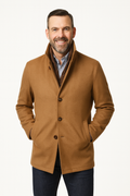 Men's camel cashmere-wool blend car coat with three-button closure and stand collar