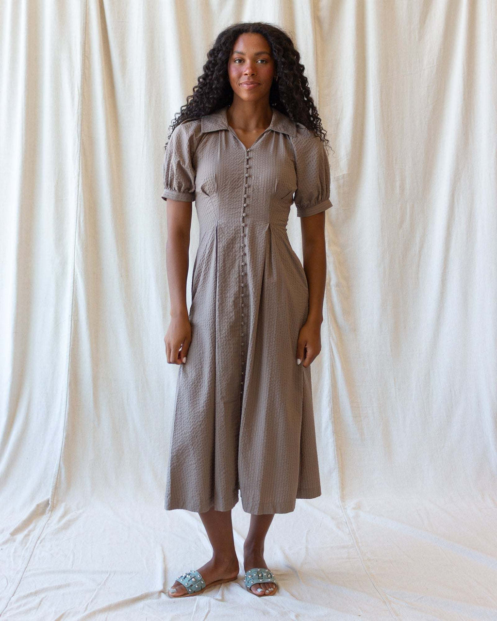 Pine Bark Femme Field Dress with A-line silhouette, button-closure peasant sleeves, side seam pockets, and midi length.