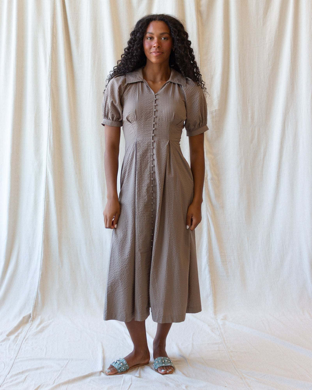 Pine Bark Femme Field Dress with A-line silhouette, button-closure peasant sleeves, side seam pockets, and midi length.