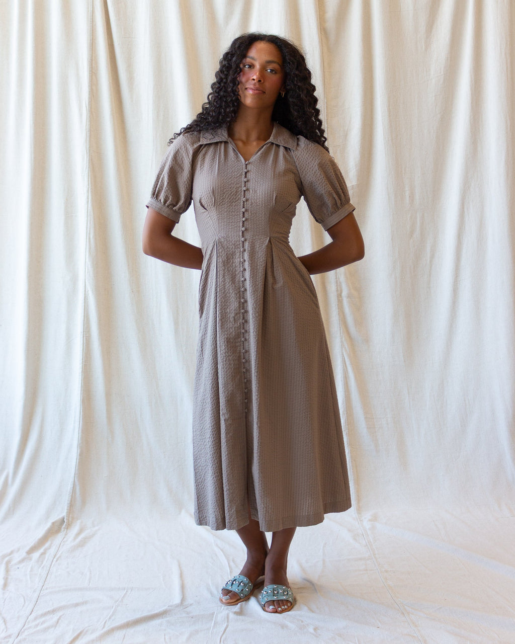 Pine Bark Femme Field Dress with A-line midi silhouette, button-closure peasant sleeves, and side seam pockets for autumn layering