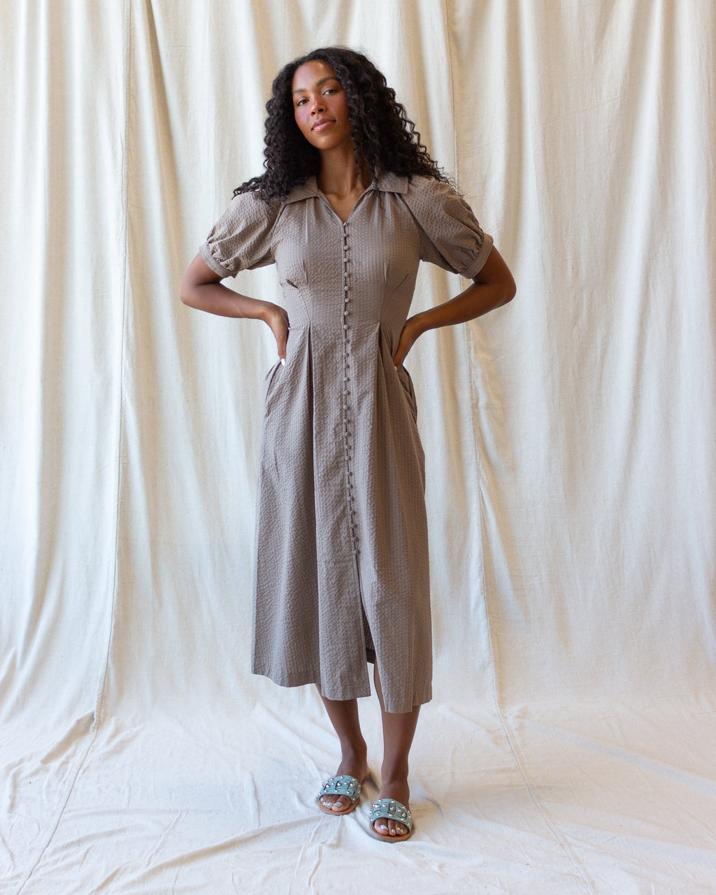 Pine Bark Femme Field Dress with A-line midi silhouette, button-closure peasant sleeves, and side seam pockets for autumn layering