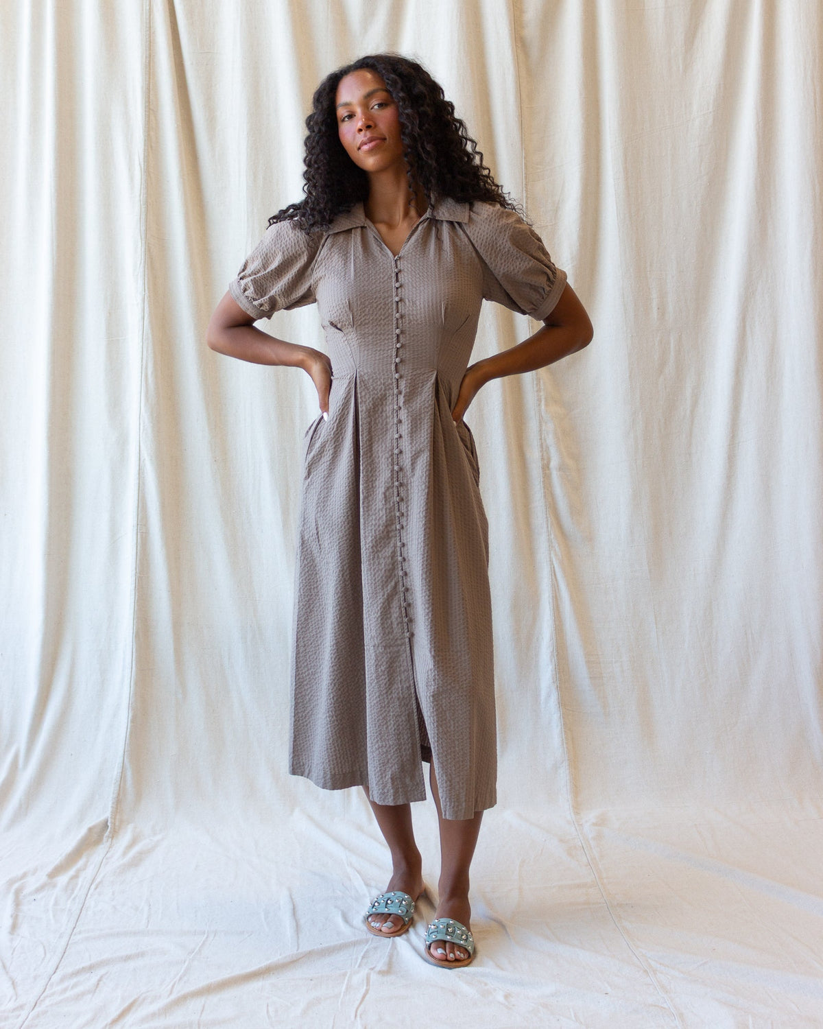 Pine Bark Femme Field Dress with A-line midi silhouette, button-closure peasant sleeves, and side seam pockets for autumn layering