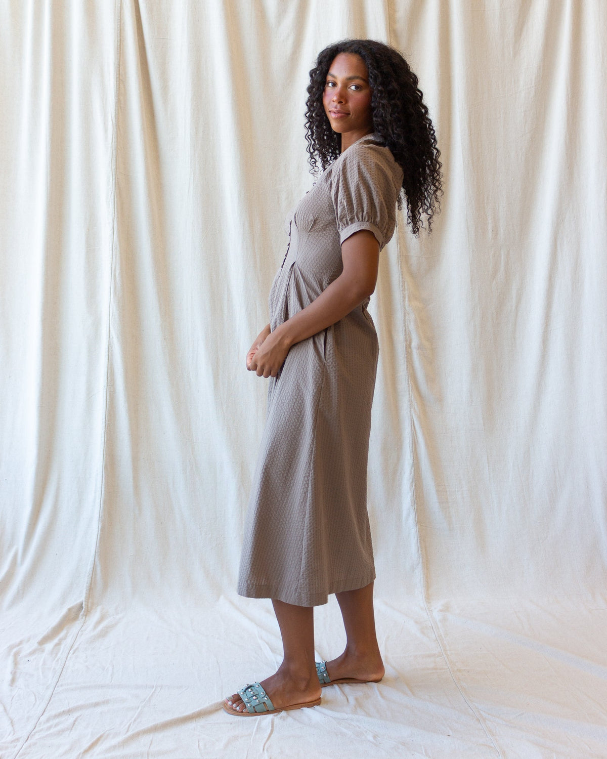 A-line Femme Field Dress in Pine Bark with button-up front, short peasant sleeves, and side seam pockets.