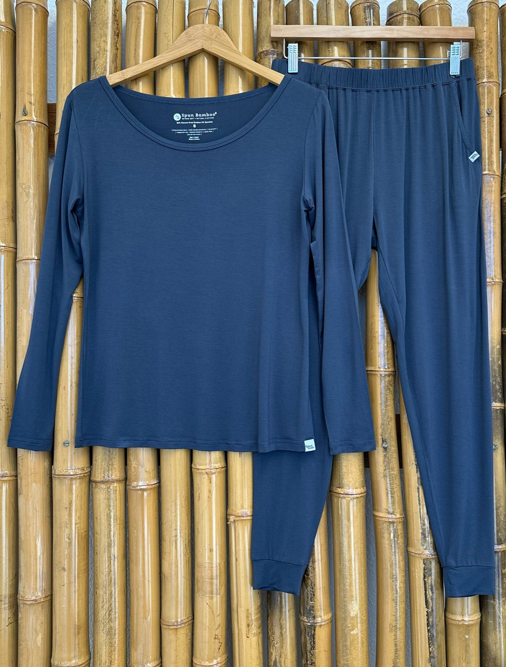 Women's bamboo lounge set with long sleeve t-shirt and jogger pants, made from organic bamboo and spandex, designed for comfort and temperature regulation.