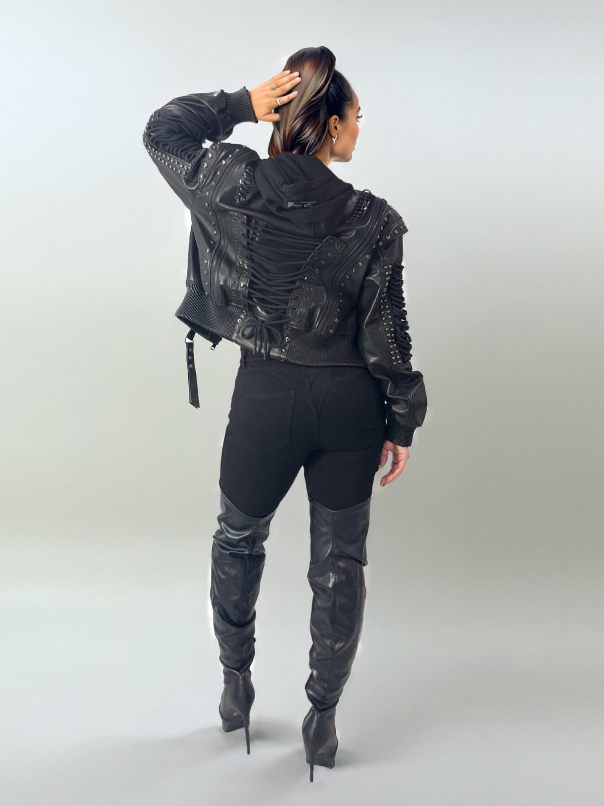 Apple Bottoms soft Italian lambskin leather bomber jacket with lace-up sleeves and detachable fleece hood