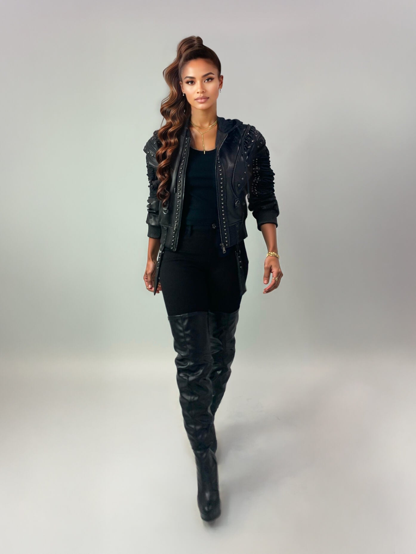 Apple Bottoms lace-up lambskin leather bomber jacket with detachable fleece hood and corset sleeve lacing