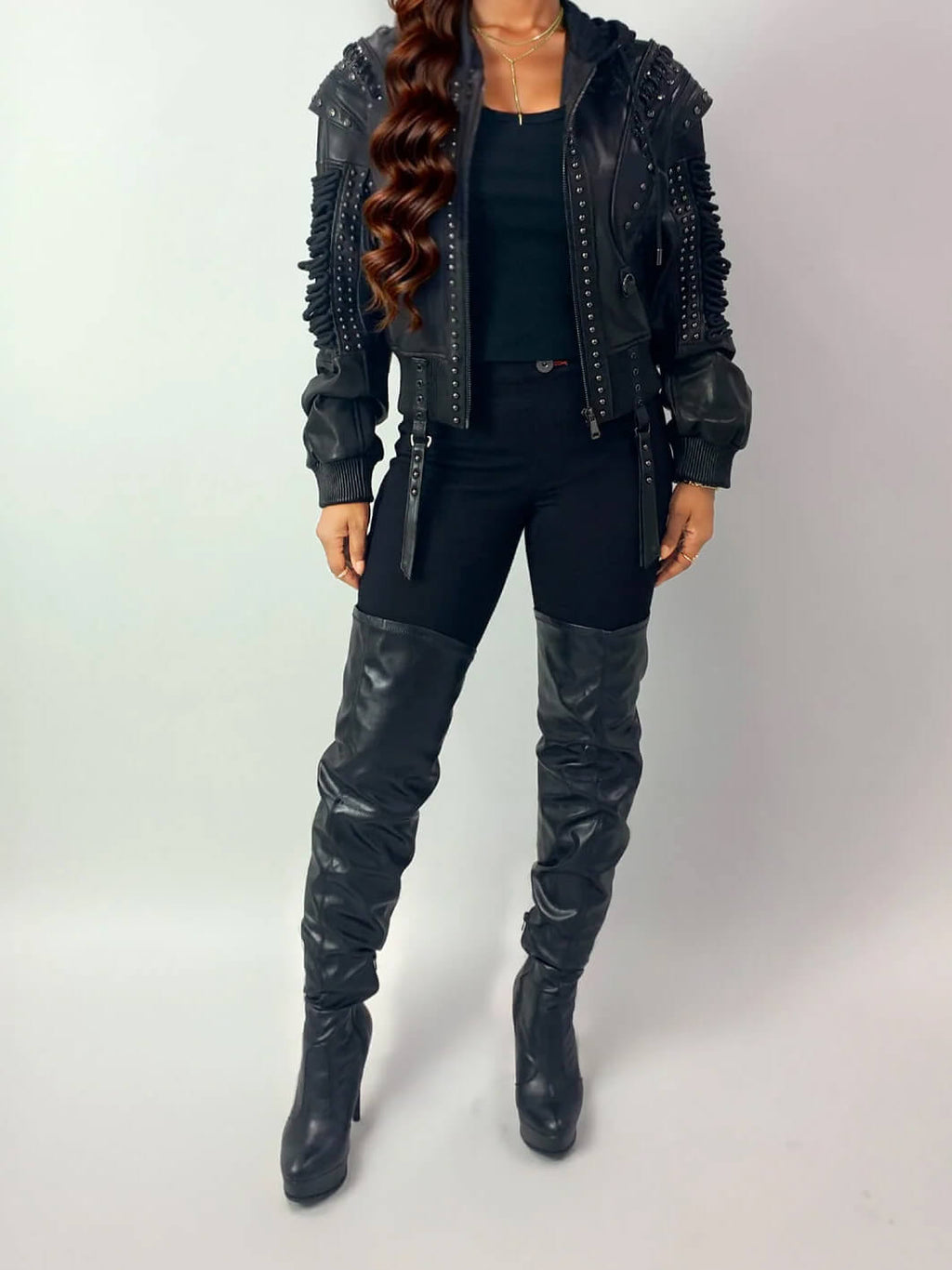 Apple Bottoms lace-up genuine soft leather bomber jacket with detachable fleece hood and corset sleeve lacing
