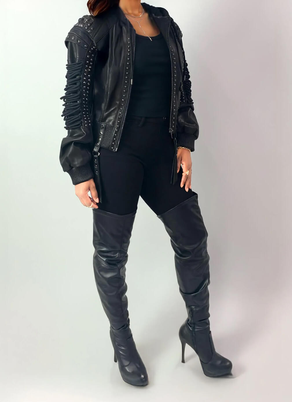 Apple Bottoms soft Italian lambskin lace-up leather bomber jacket with detachable fleece hood and corset sleeve lacing