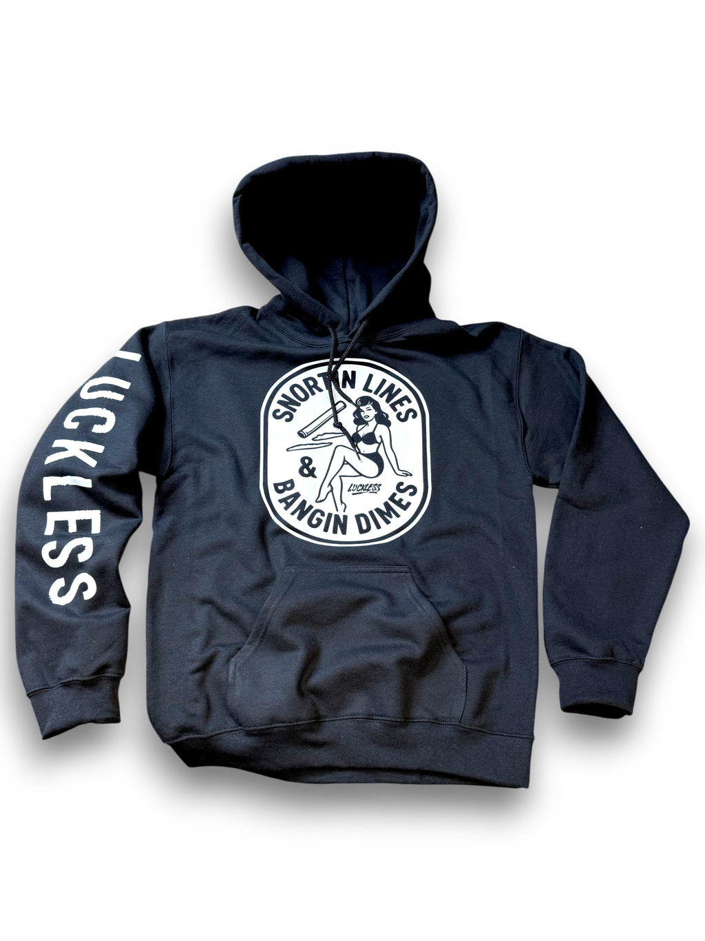 Black men's Lines and Dimes Hoodie by Luckless Outfitters with vintage pin-up graphic and streetwear style