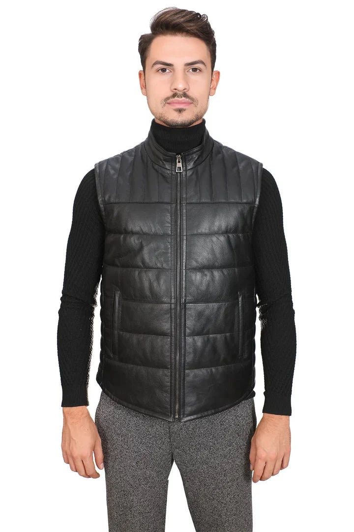 Mens Anthony Real Black Leather Vest Jacket Sleeveless Layering