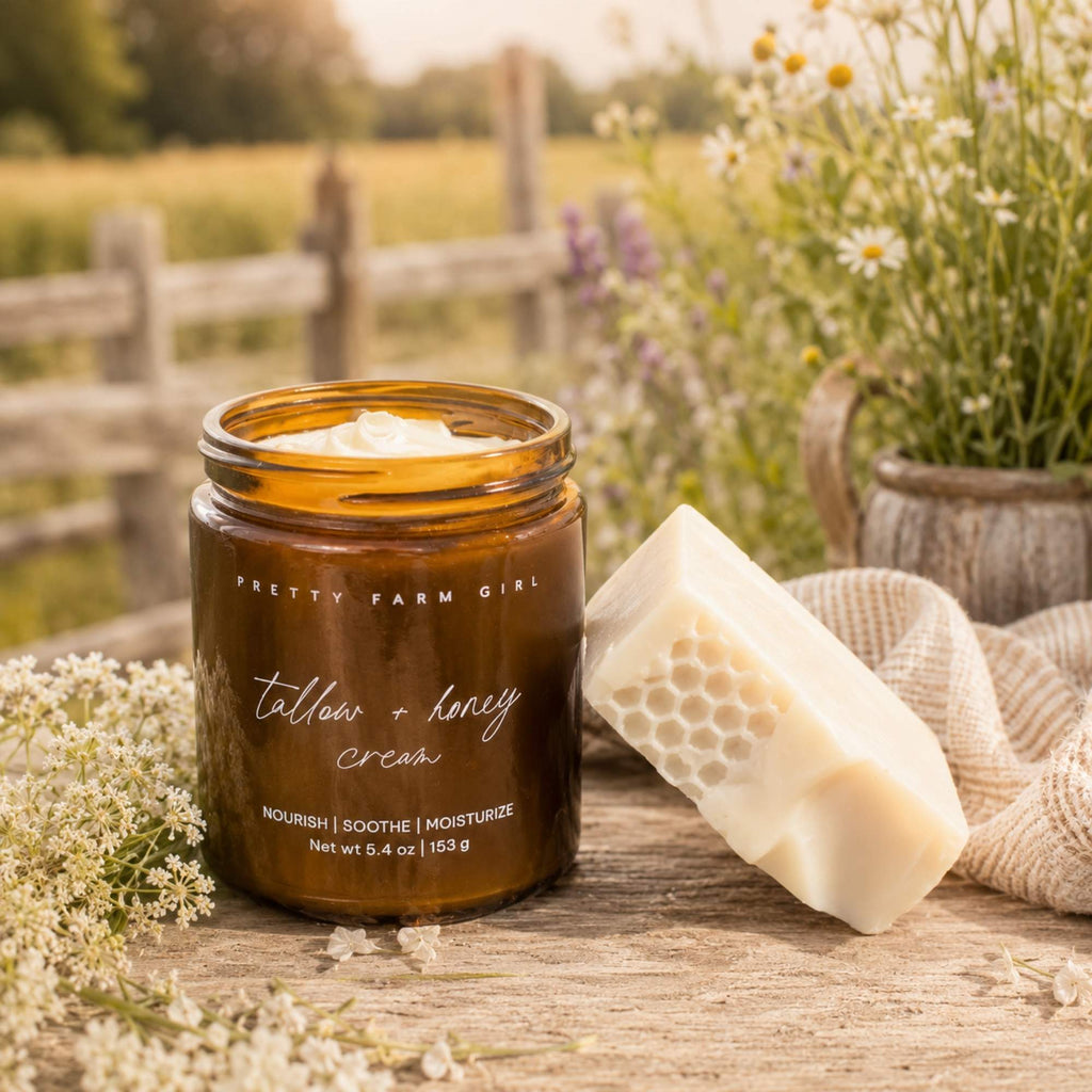 Pure + Simple Skin Kit with fragrance-free tallow body butter and probiotic goat milk soap for sensitive skin in amber glass jar and soap bar packaging