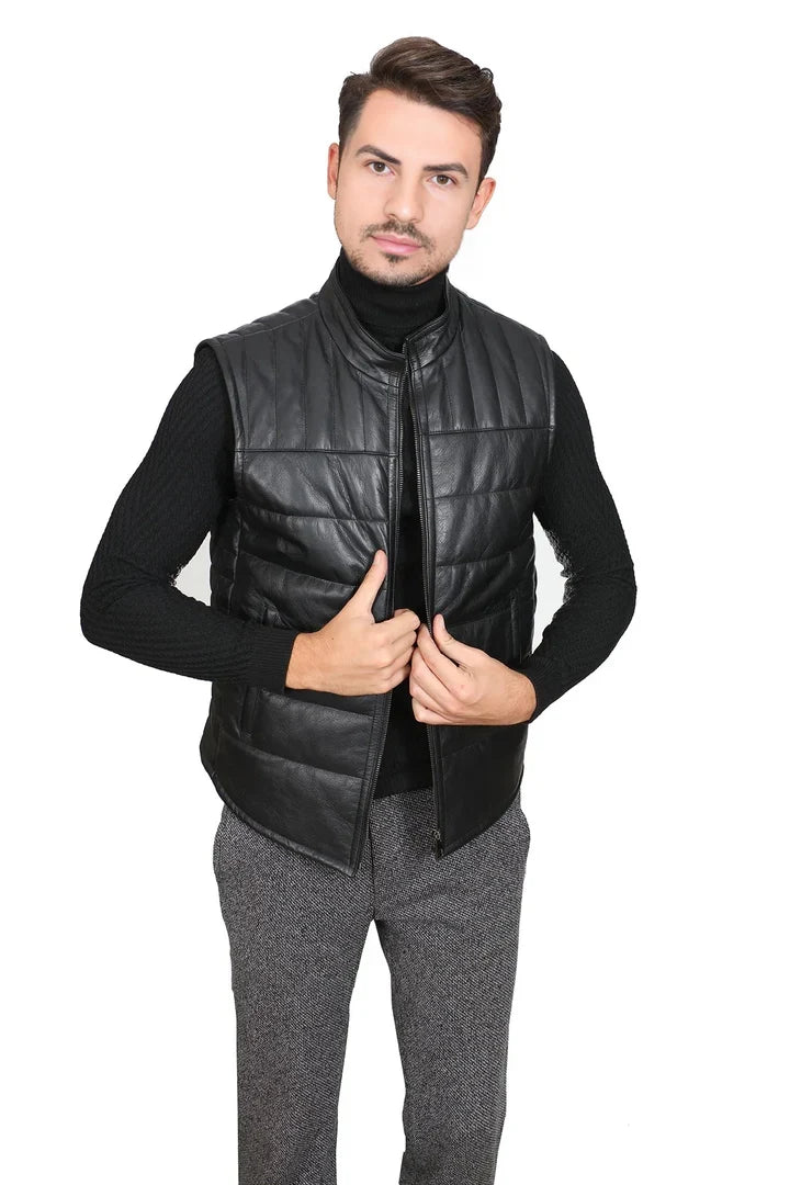 Mens Anthony Real Black Leather Vest Jacket Sleeveless Layering