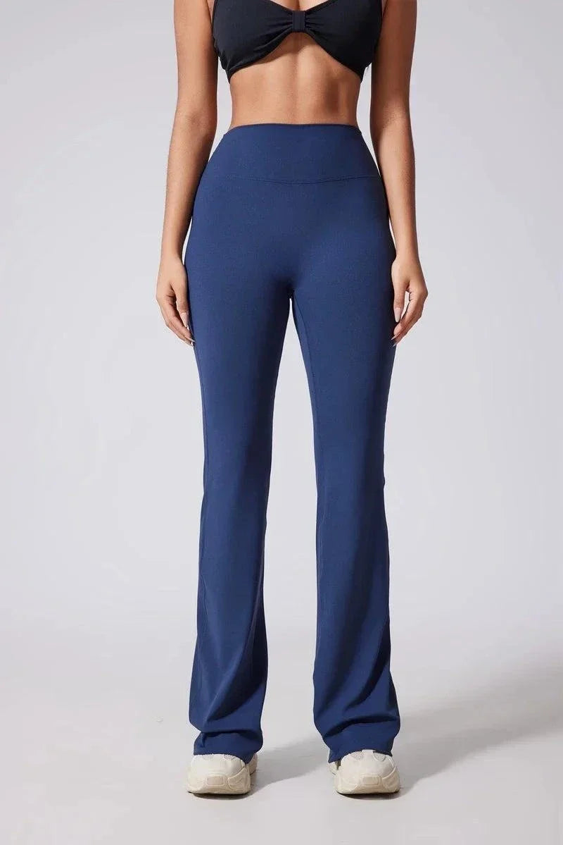 Women wearing DIAS FIT JOY high-waisted micro-flared yoga pants performing fitness poses