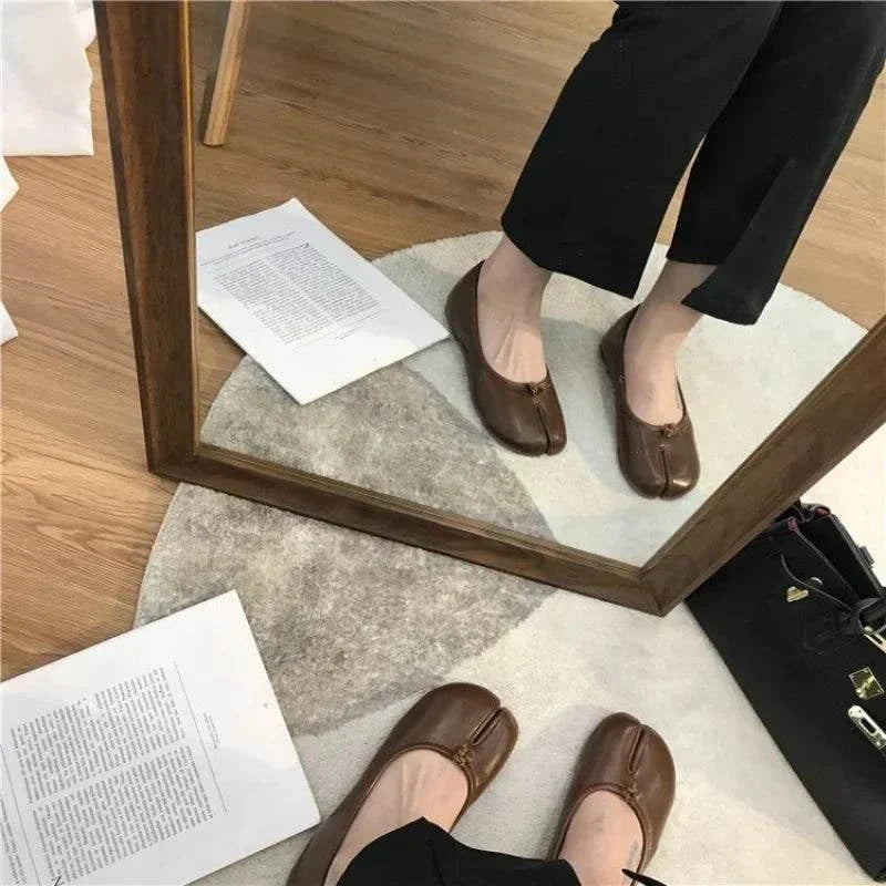 Artisan crafted soft leather tabi ballet slippers with split-toe design and flexible rubber sole